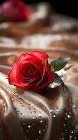 AI generated Red rose on the silk bedsheet. Happy Valentine's Day greeting card concept. AI generated image photo