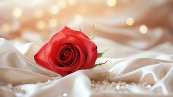 AI generated Red rose on the silk bedsheet. Happy Valentine's Day greeting card concept. AI generated image photo