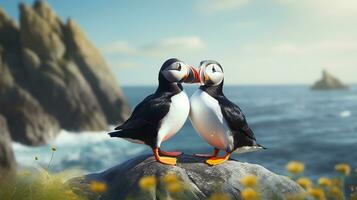 AI generated Two super cute puffins bird couple in love. AI generated image photo