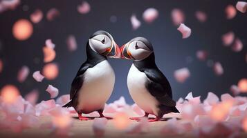 ai generado dos súper linda frailecillos pájaro Pareja en amor. contento San Valentín día saludo tarjeta. ai generado imagen foto