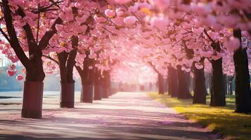 ai generado callejón con rosado sakura árboles, brillante soleado día. ai generado imagen foto