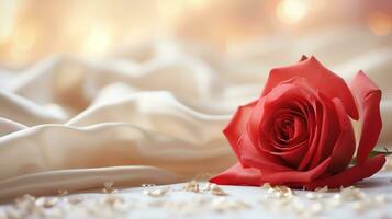 AI generated Red rose on the silk bedsheet. Happy Valentine's Day greeting card concept. AI generated image photo