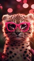 AI generated Super cute cheetah in love wearing heart shape pink glasses. Happy Valentine's day greeting card concept. AI generated image photo