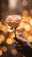 ai generado hombre mano participación un rosa, suave champán color antecedentes con Bokeh. contento San Valentín día tarjeta concepto. ai generado imagen foto