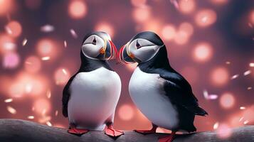 AI generated Two super cute puffins bird couple in love. Happy Valentine's day greeting card. AI generated image photo