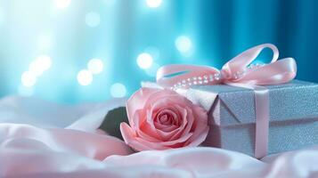 AI generated Pink rose and a blue gift box with white bow. Happy Valentine's Day greeting card concept. AI generated image photo