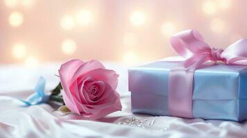 AI generated Pink rose and a blue gift box with white bow. Happy Valentine's Day greeting card concept. AI generated image photo