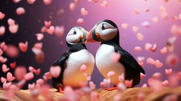 ai generado dos súper linda frailecillos pájaro Pareja en amor. contento San Valentín día saludo tarjeta. ai generado imagen foto