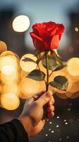 ai generado hombre mano participación un rosa, suave champán color antecedentes con Bokeh. contento San Valentín día tarjeta concepto. ai generado imagen foto