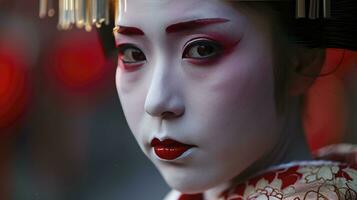 ai generado un de cerca de un de geishas cara en Japón, cautivador belleza, tradición, elegancia y misterio, blured fondo con espacio a texto. foto