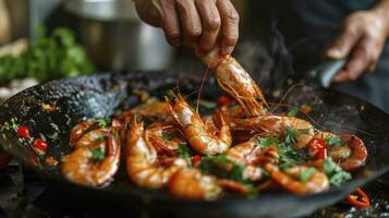 ai generado mariscos, profesional cocinar prepara camarones con ramita frijoles. Cocinando mariscos, sano vegetariano alimento. horizontal vista. oriental cocina foto