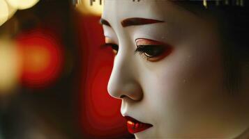 AI generated A Close-up of a Geisha's Face in Japan, Captivating Beauty, tradition, elegance and mystique, blured backgound with space to text. photo