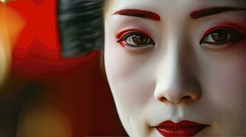 ai generado un de cerca de un de geishas cara en Japón, cautivador belleza, tradición, elegancia y misterio, blured fondo con espacio a texto. foto