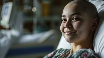 AI generated Young bald woman in hospital bed world cancer day concept photo
