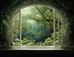 AI generated Modern house open window view forest background photo