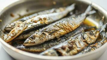 AI generated Close up of sardine meat in a clay plate isolated on a clear white background. photo