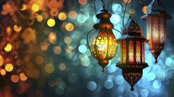 AI generated Arabic lantern of ramadan celebration background illustration photo