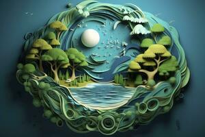 AI generated Earth is Surrounded by Various Trees and Ocean. Celebrating World Earth Day, World Water Day, and Environmental Protection photo