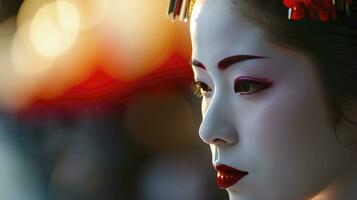 ai generado un de cerca de un de geishas cara en Japón, cautivador belleza, tradición, elegancia y misterio, blured fondo con espacio a texto. foto