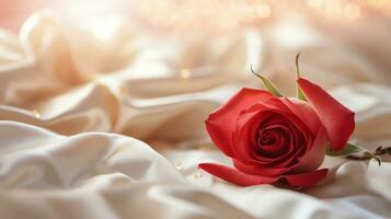 AI generated Red rose on the silk bedsheet. Happy Valentine's Day greeting card concept. AI generated image photo