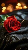 AI generated Red rose on the silk bedsheet. Happy Valentine's Day greeting card concept. AI generated image photo