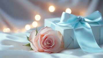 AI generated Pink rose and a blue gift box with white bow. Happy Valentine's Day greeting card concept. AI generated image photo