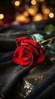 AI generated Red rose on the silk bedsheet. Happy Valentine's Day greeting card concept. AI generated image photo