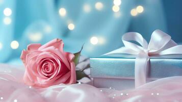 AI generated Pink rose and a blue gift box with white bow. Happy Valentine's Day greeting card concept. AI generated image photo