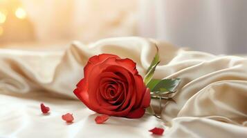 ai generado rojo Rosa en el seda sábana. contento San Valentín día saludo tarjeta concepto. ai generado imagen foto