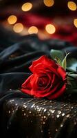 AI generated Red rose on the silk bedsheet. Happy Valentine's Day greeting card concept. AI generated image photo