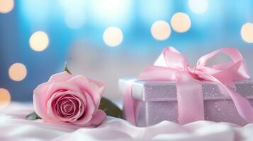 AI generated Pink rose and a blue gift box with white bow. Happy Valentine's Day greeting card concept. AI generated image photo