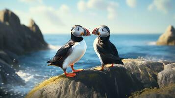 ai generado dos súper linda frailecillos pájaro Pareja en amor. ai generado imagen foto