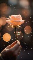 AI generated Man hand holding a rose, soft champagne color background with bokeh. Happy Valentine's day card concept. AI generated image photo