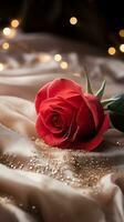 AI generated Red rose on the silk bedsheet. Happy Valentine's Day greeting card concept. AI generated image photo