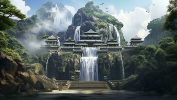 AI generated picture of temple and waterfall flowing splashing the top of the water photo