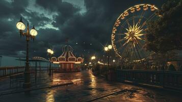 AI generated Old carnival with a ferris wheel on a cloudy night. 3D rendering, illustration photo