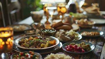ai generado tradicional comida para iftar en hora de Ramadán foto