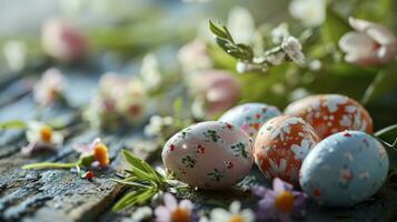 AI generated Easter eggs with flowers on table photo