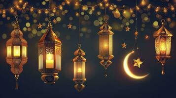 AI generated Arabic traditional Ramadan Kareem eastern lanterns garland. Muslim ornamental hanging golden lanterns, stars and moon vector illustration set. Islamic oriental style garland photo