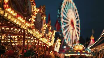 ai generado parque de atracciones y carnaval paseos y atracciones brillante a noche. foto