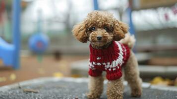 ai generado un adorable sonrisa marrón juguete caniche tomando un imagen en el colegio patio de recreo vistiendo perrito vestido rojo y blanco suéter foto