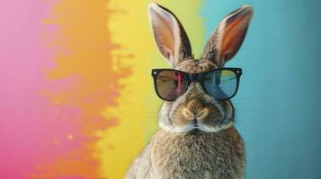 AI generated Cool bunny with sunglasses on colorful background photo
