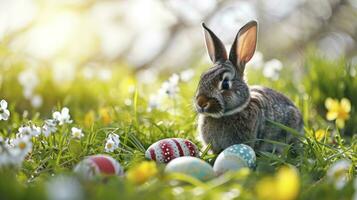 ai generado adorable conejito con Pascua de Resurrección huevos en florido prado foto