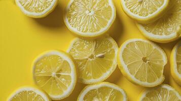 AI generated Vitamin C and lemon slices on a yellow background. photo