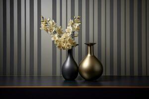 AI generated Golden metallic vase in black wallpaper background photo