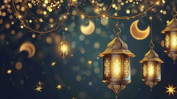 AI generated Arabic traditional Ramadan Kareem eastern lanterns garland. Muslim ornamental hanging golden lanterns, stars and moon vector illustration set. Islamic oriental style garland photo