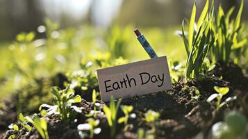 AI generated Text Earth Day written with a marker on a sticky note in a garden photo