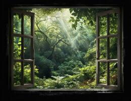 AI generated Modern house open window view forest background photo