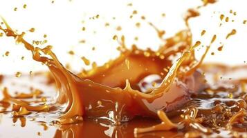 AI generated Delicious caramel splashes isolated on white background, cut out photo