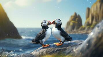 AI generated Two super cute puffins bird couple in love. AI generated image photo